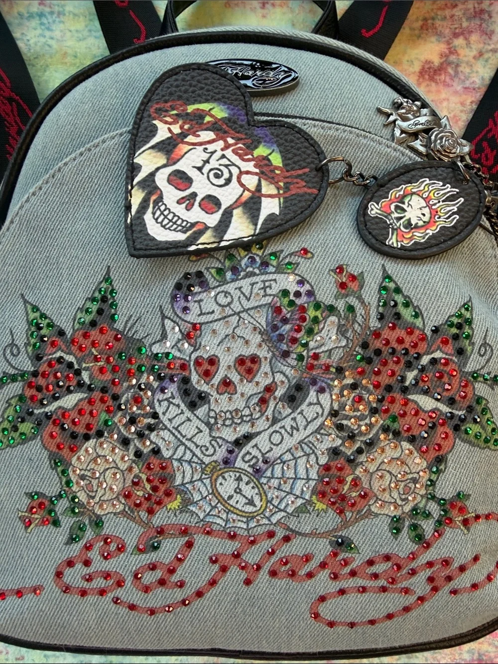 Ed Hardy Light Blue Embroidered Floral & Skull Mini Backpack